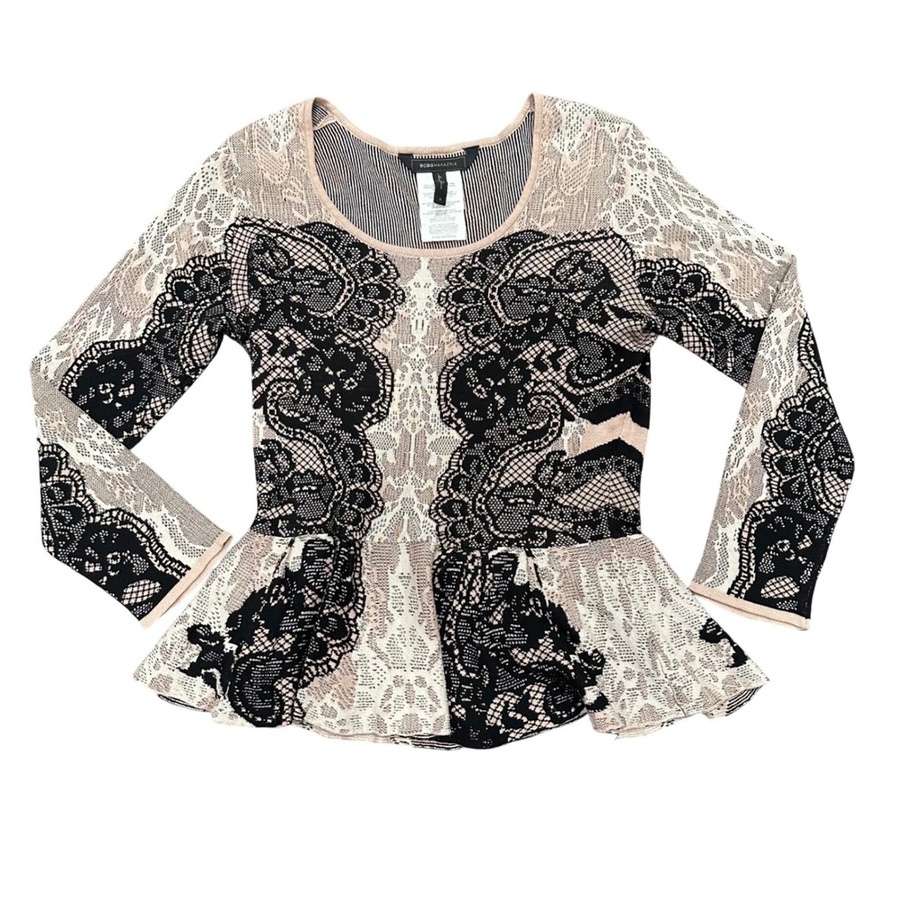 BCBGMAXAZRIA Womens Silk Blend Lace Intarsia Peplum Knit Top Black Pink Small